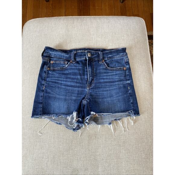 American Eagle 6 Hi-Rise Shortie Dark Wash Super Stretch Shorts Raw Hem Cut Offs - Picture 1 of 8